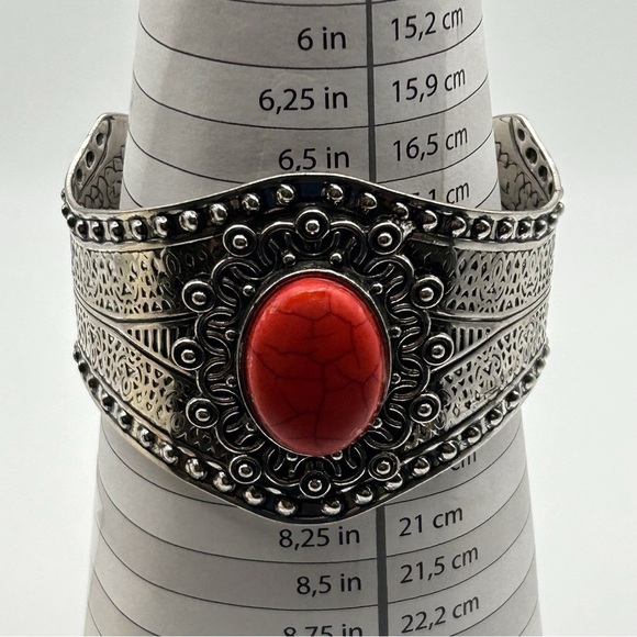 Boho Silver Tone Studded Ornate Cuff Bracelet with Faux Vibrant Orange Stone - Picture 7 of 7